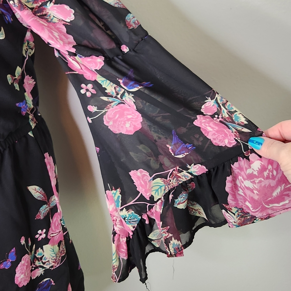 Hint Of Blush Black & Pink Floral Off The Shoulder Mini Dress Size Medium - Picture 5 of 12